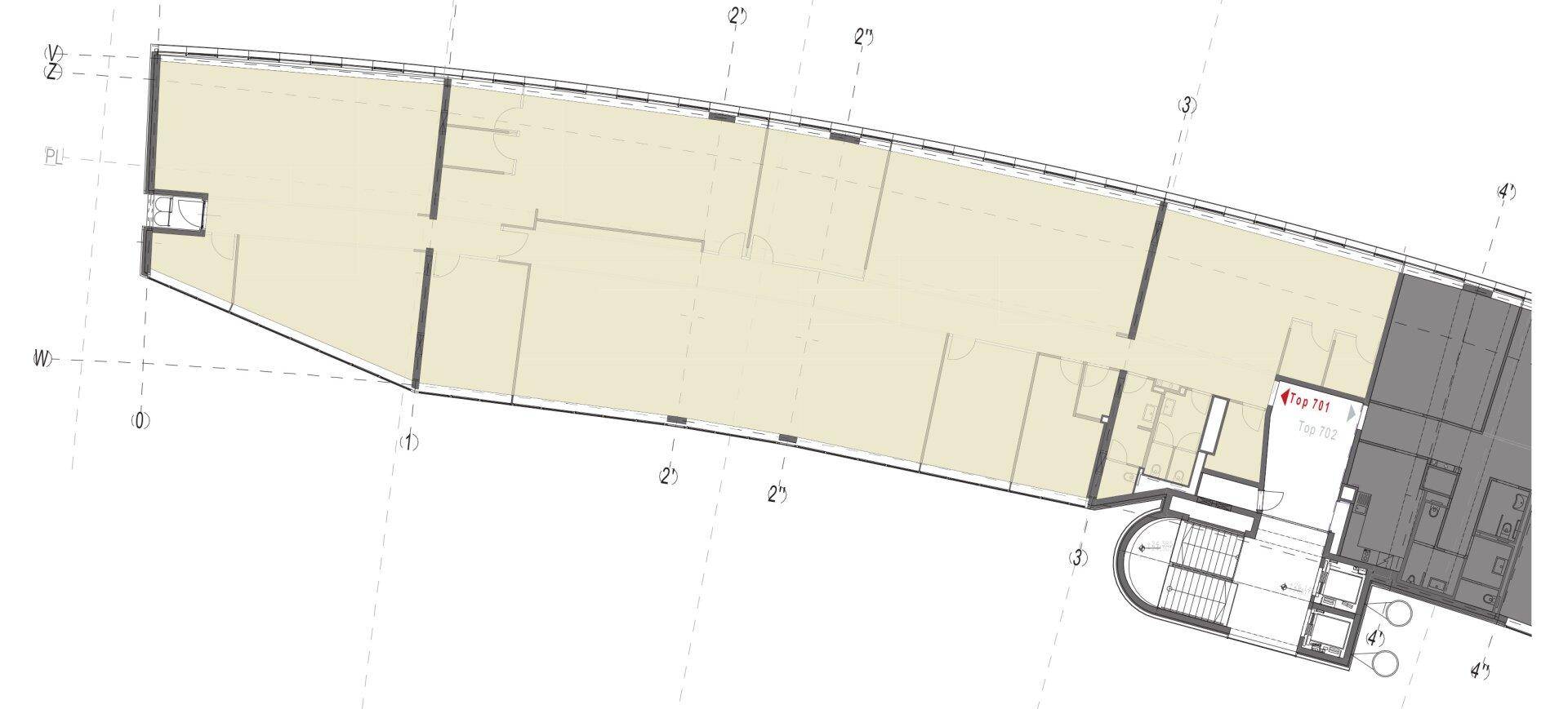 Grundrissplan eines langgezogenen Gebäudeteils mit verschiedenen Räumen und Treppenhaus.
