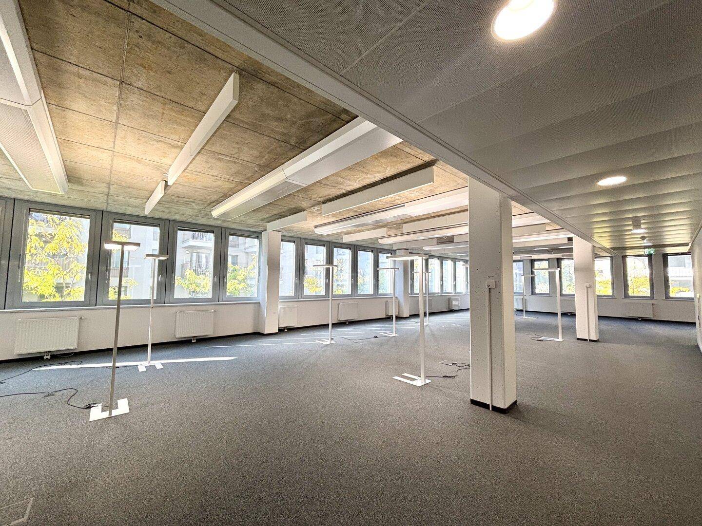 Offener Bürobereich mit Säulen, Stehleuchten und großen Fenstern für viel Tageslicht.