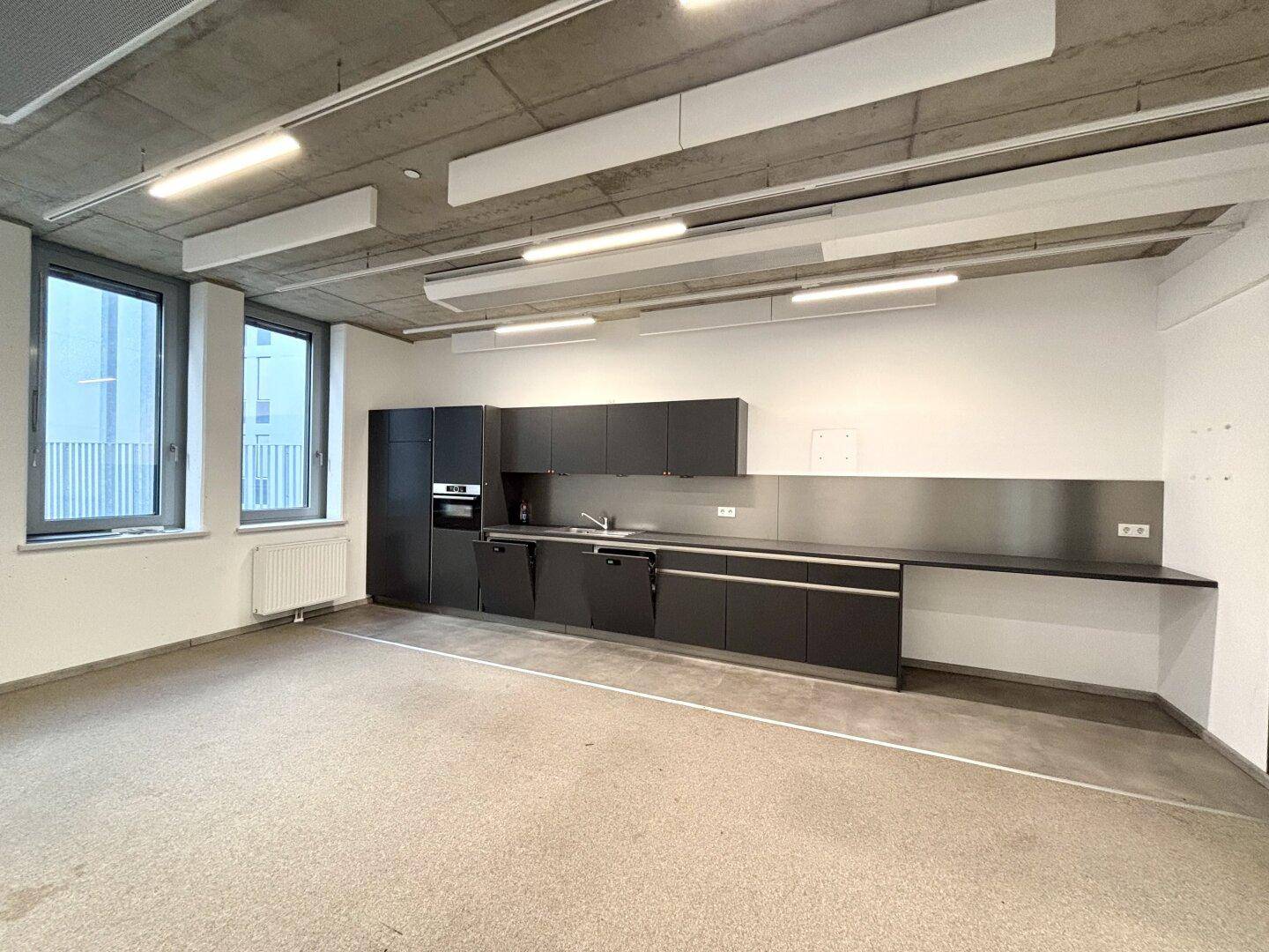 Moderne Büroküche mit dunklen Einbauschränken, Spüle und integrierten Geräten.