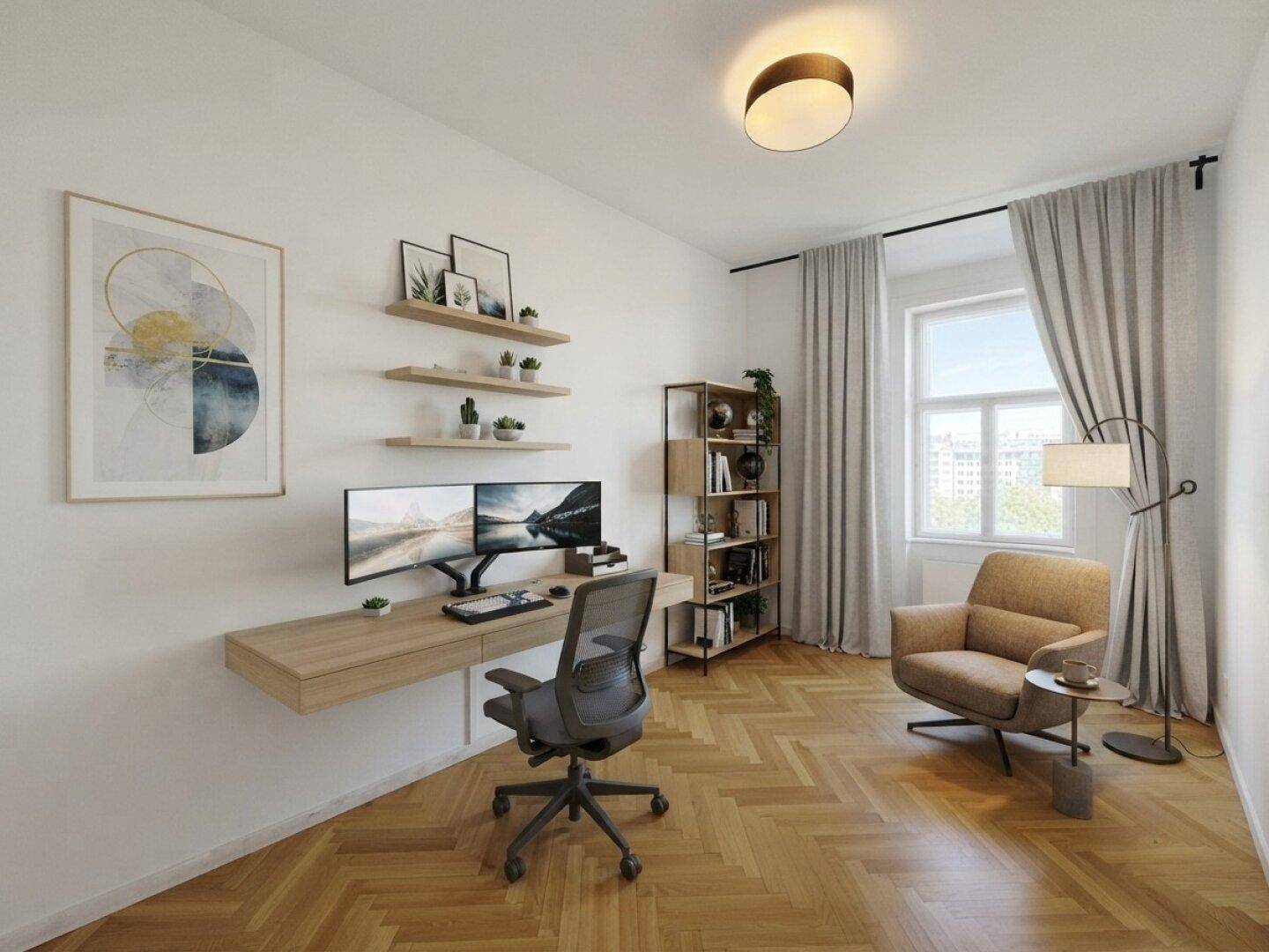 Virtuell inszeniertes Arbeitszimmer mit Schreibtisch, Regalen und Fischgrätparkett.