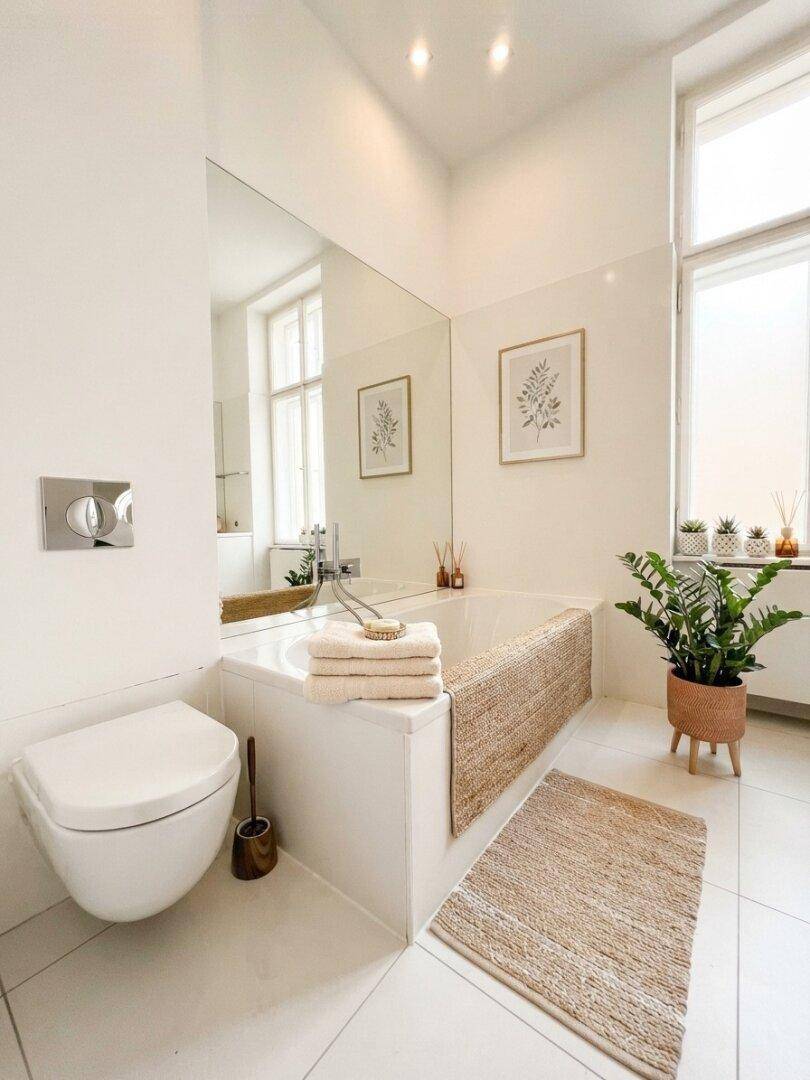 Helles Badezimmer mit Badewanne, Wand-WC und großem Fenster.