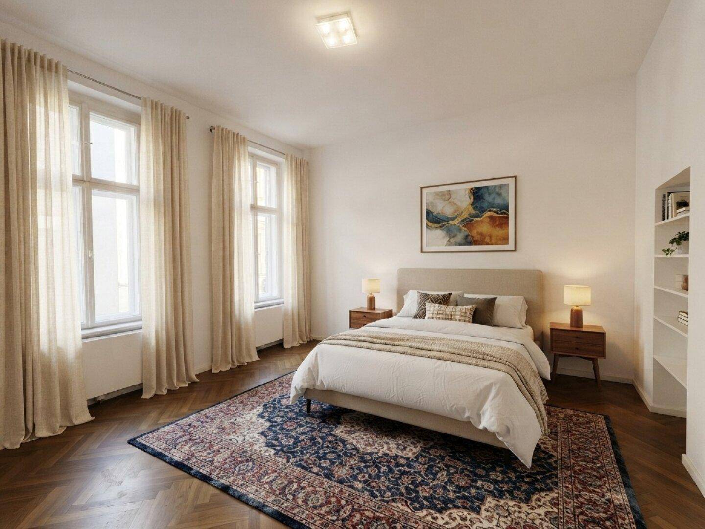 Virtuell inszeniertes Schlafzimmer mit hohen Fenstern, Parkettboden und klassischem Teppich.