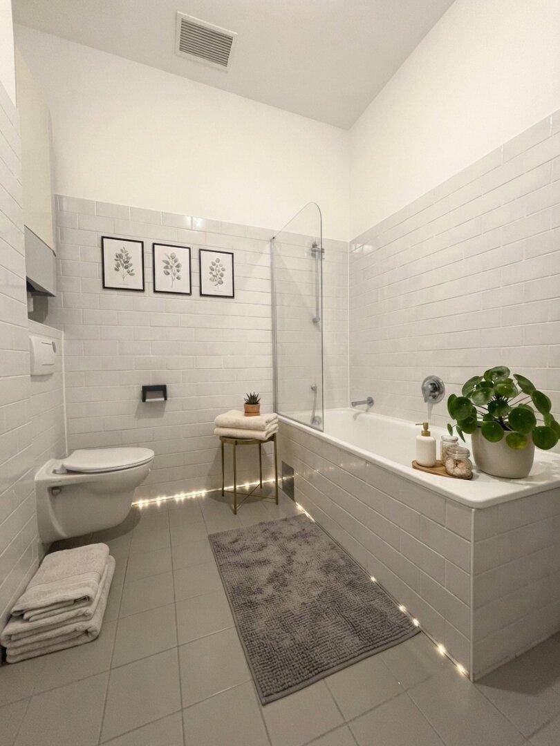 Modernes Badezimmer mit Badewanne, Wand-WC und weißen Fliesen.