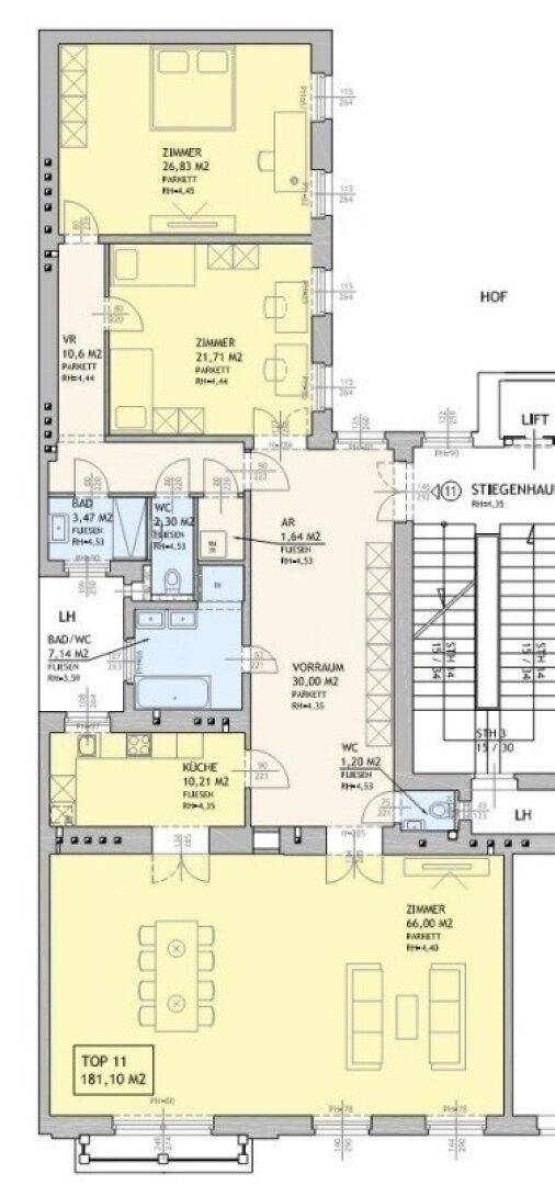 Detaillierter Grundriss einer Wohnung mit mehreren Zimmern, Bad und Küche.