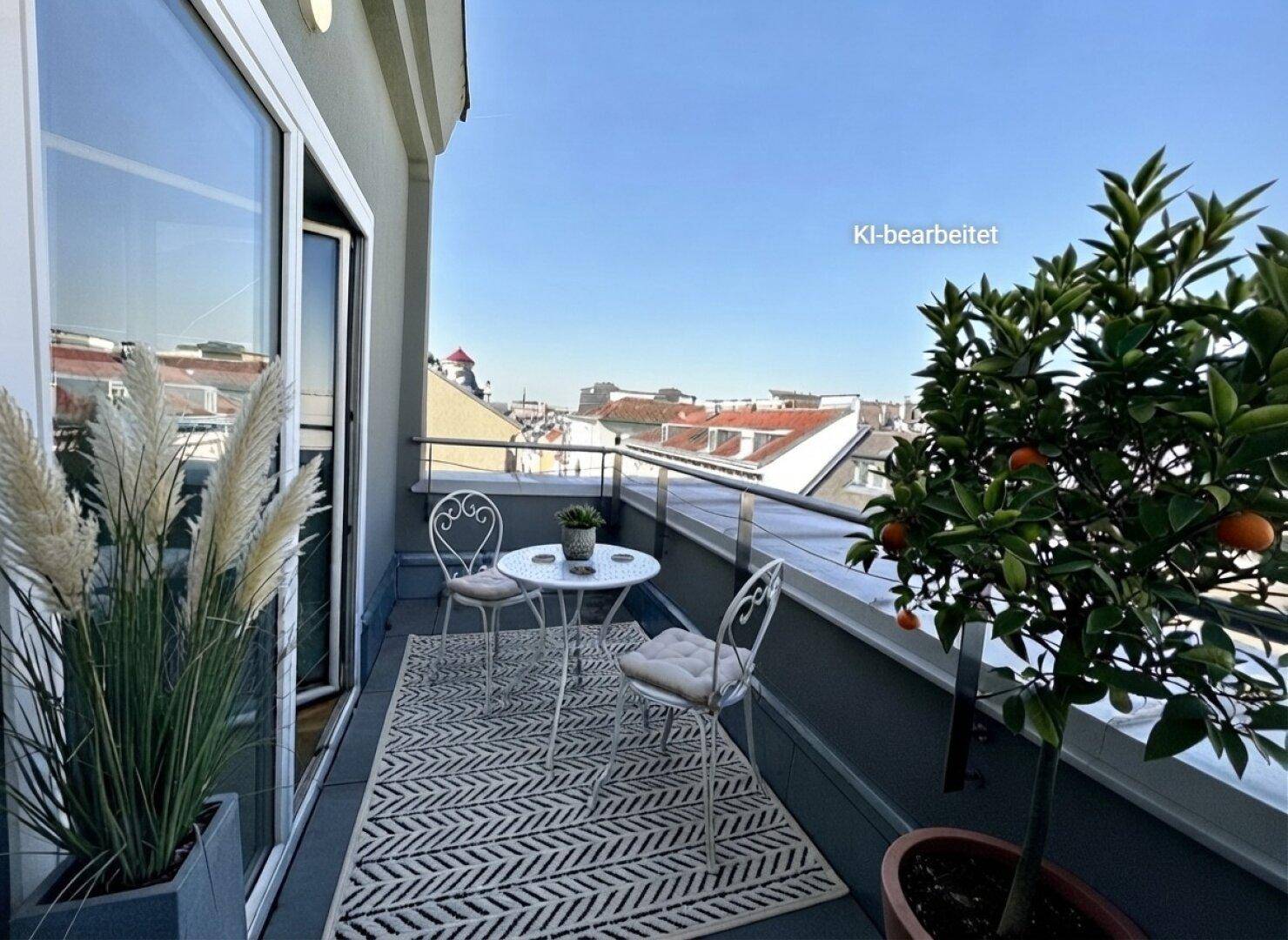 Kleiner, möblierter Balkon mit Stadtblick und Topfpflanzen unter blauem Himmel.