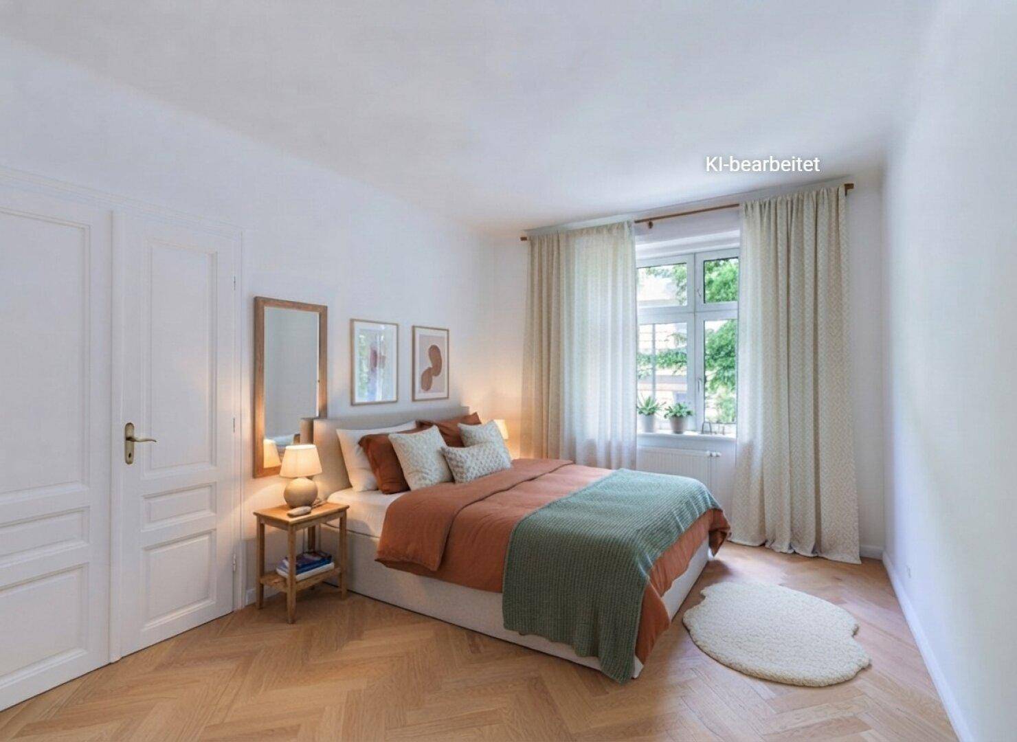 Gemütliches Schlafzimmer mit Doppelbett, Nachttischen und Blick ins Grüne, künstlich inszeniert.
