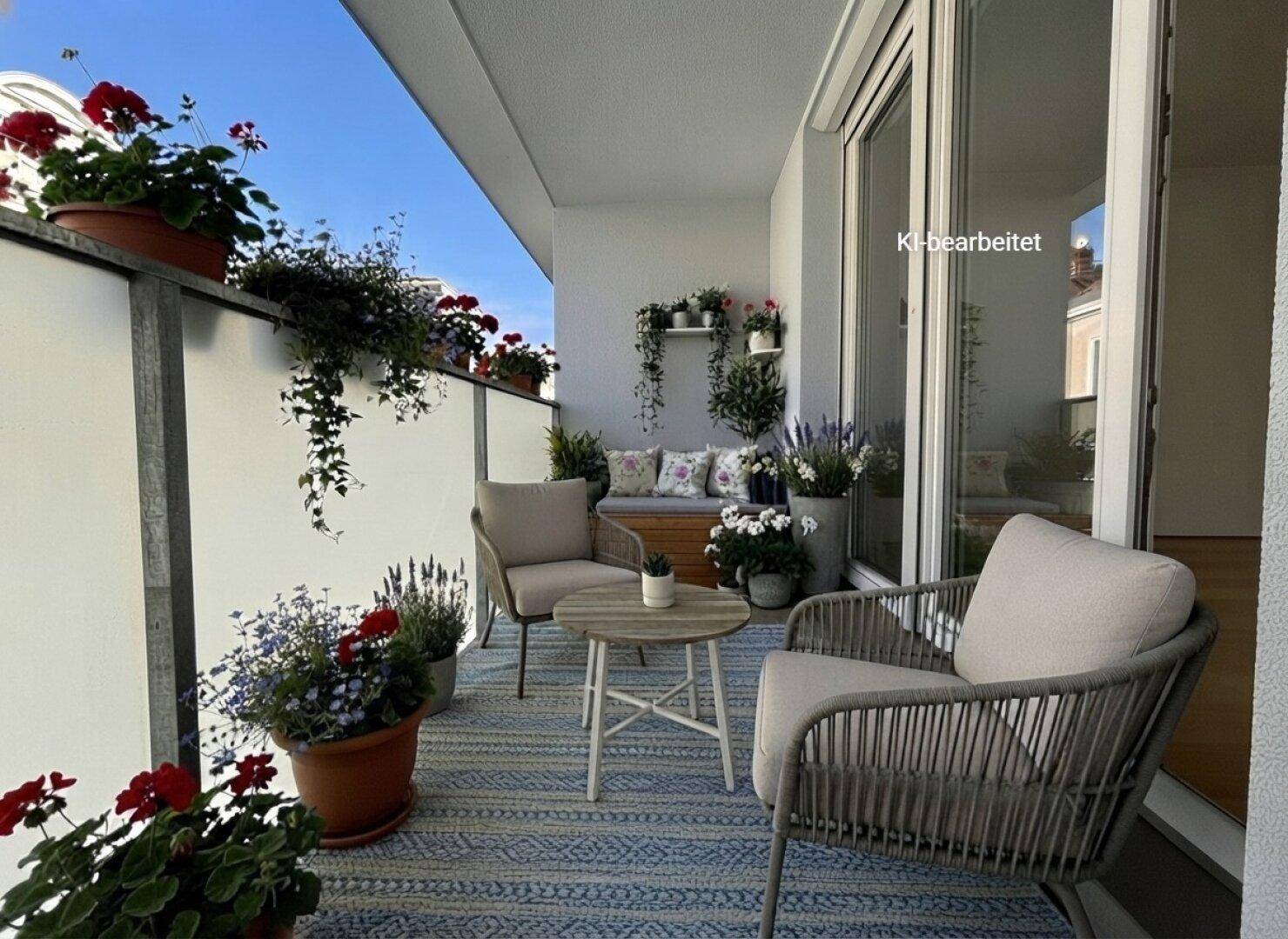 Gemütlicher Balkon mit Sitzgelegenheiten, vielen Pflanzen und Blick ins Grüne.