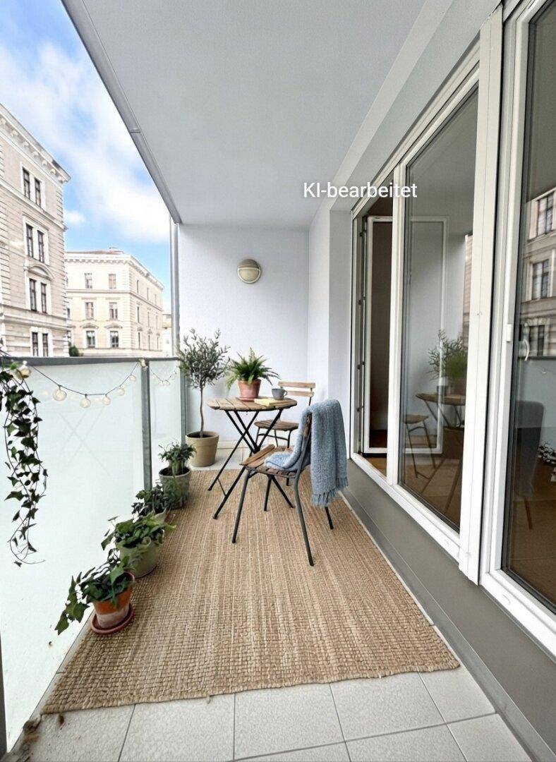 Gemütlicher Balkon mit Sitzgelegenheiten, Pflanzen und Blick auf die Stadt.