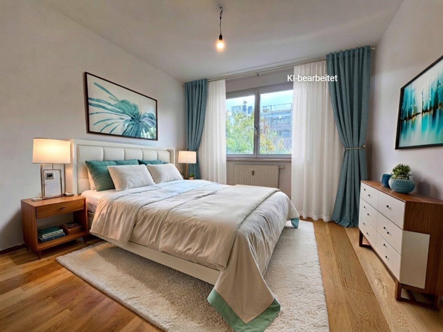 Modernes Schlafzimmer mit Doppelbett, Nachttischen und großen Fenstern.