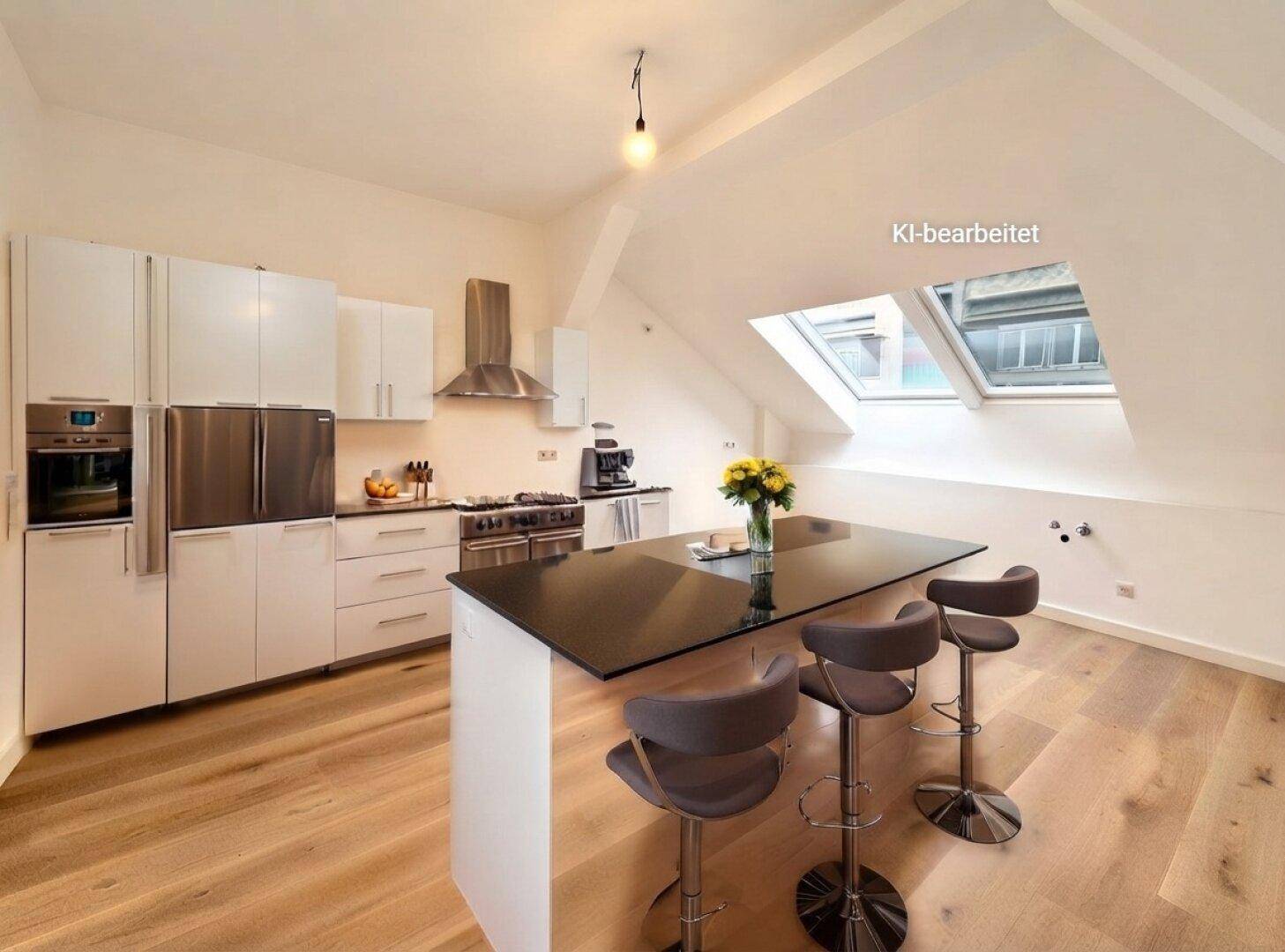 Moderne Küche mit weißer Einbauküche, Kücheninsel und Dachfenstern in einem hellen Raum.
