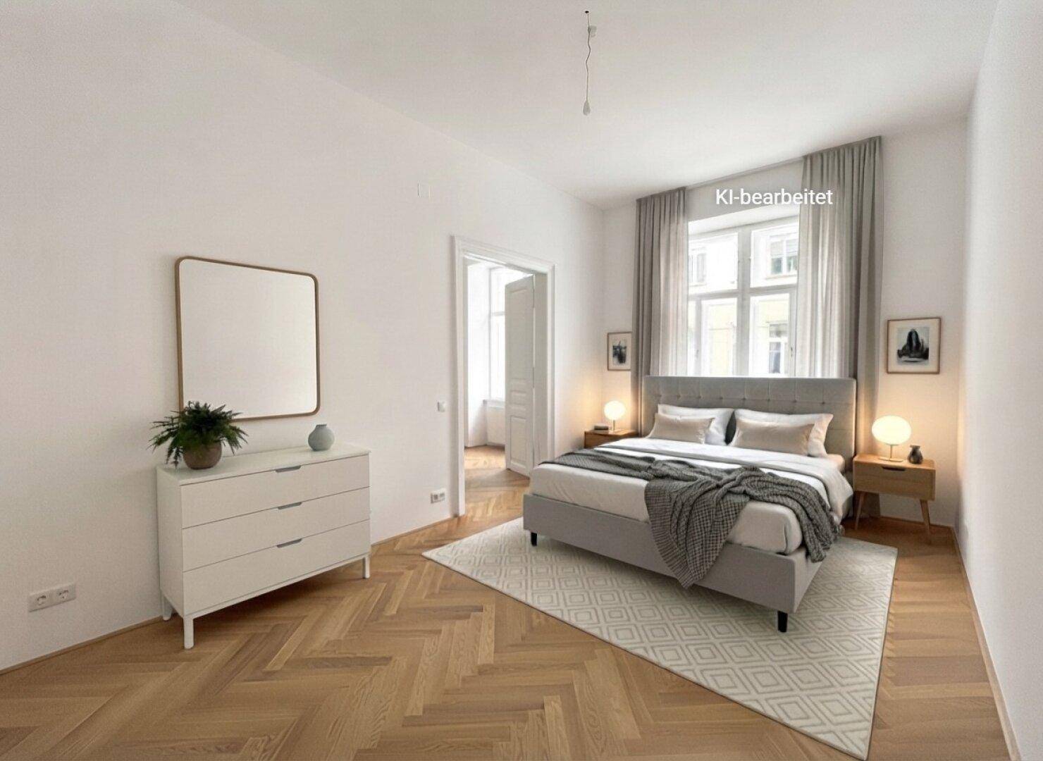 Gemütliches Schlafzimmer mit Parkettboden, Doppelbett und einem Fenster mit Blick auf die Umgebung.