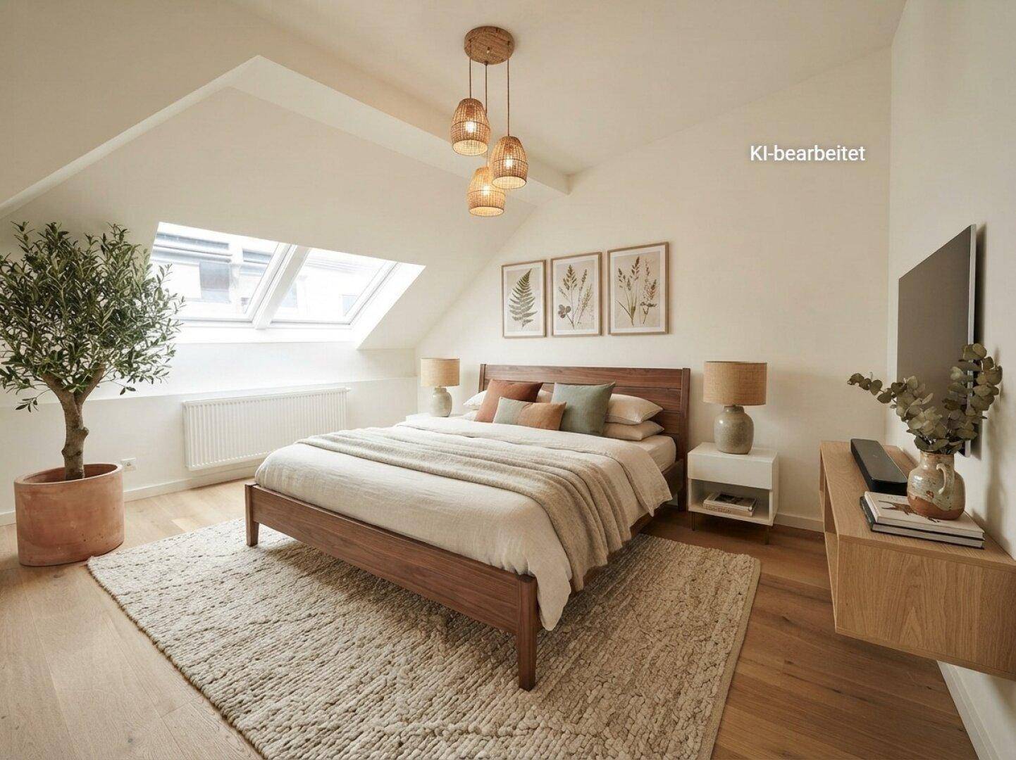 Gemütliches Schlafzimmer mit Holzbett, weichem Teppich und Dachfenstern für viel Helligkeit.