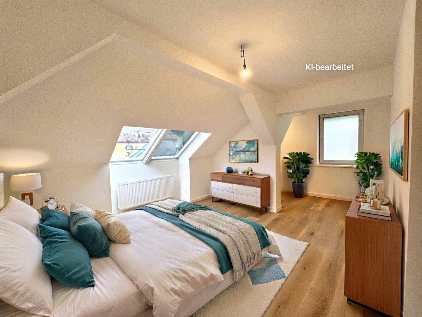 Helles Schlafzimmer mit Holzboden, Dachfenstern und einem zusätzlichen Fenster für gute Belüftung.
