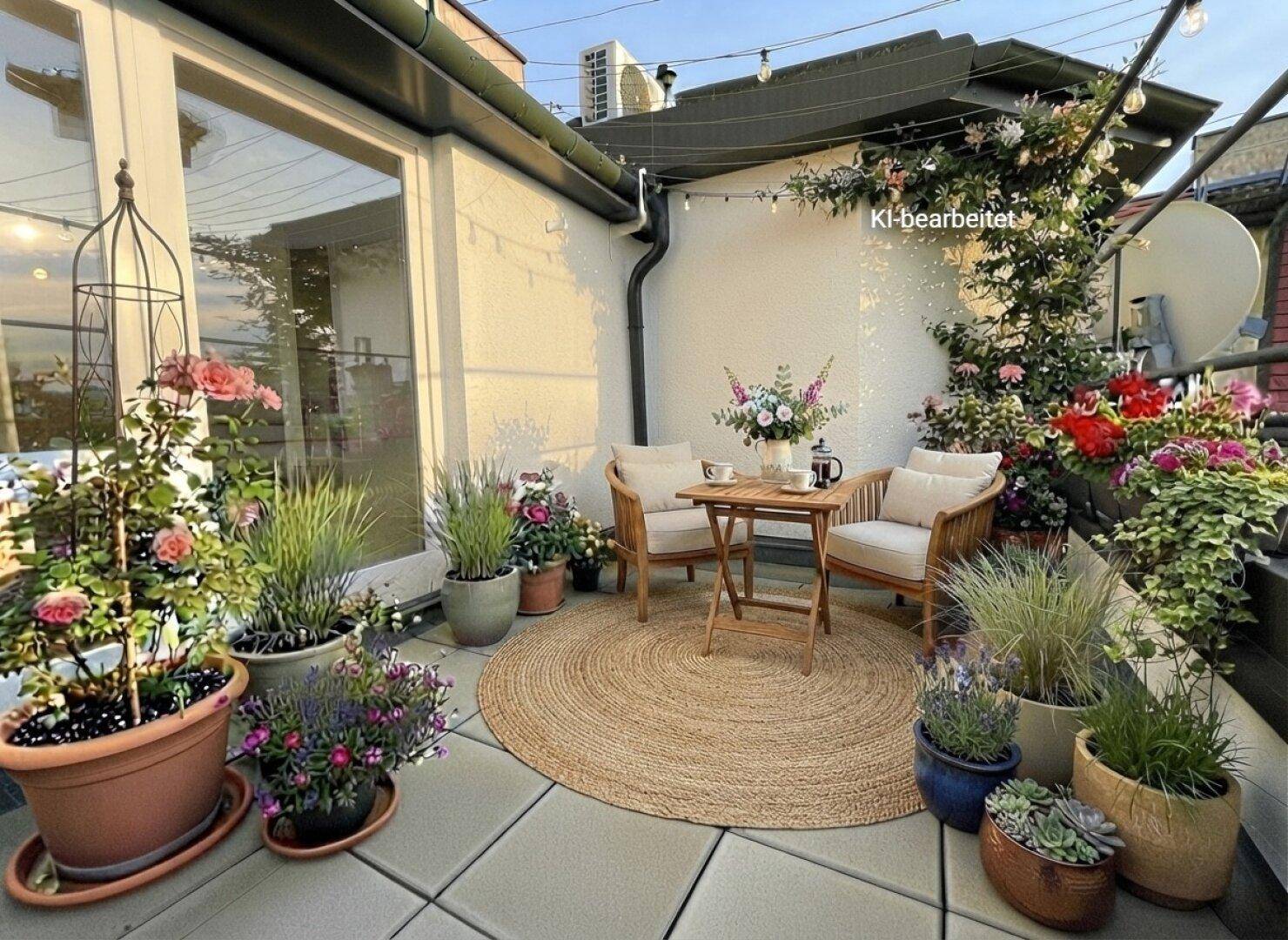 Gemütliche Dachterrasse mit vielen Pflanzen, Sitzgelegenheiten und stimmungsvoller Beleuchtung.