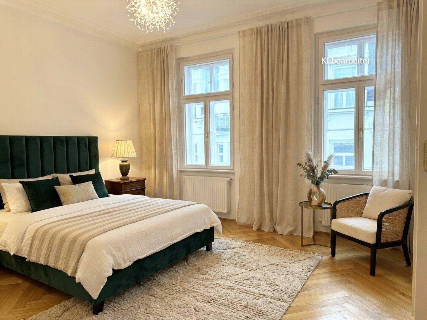 Elegantes Schlafzimmer mit großem Bett, Parkettboden, hohen Fenstern und beigen Vorhängen.