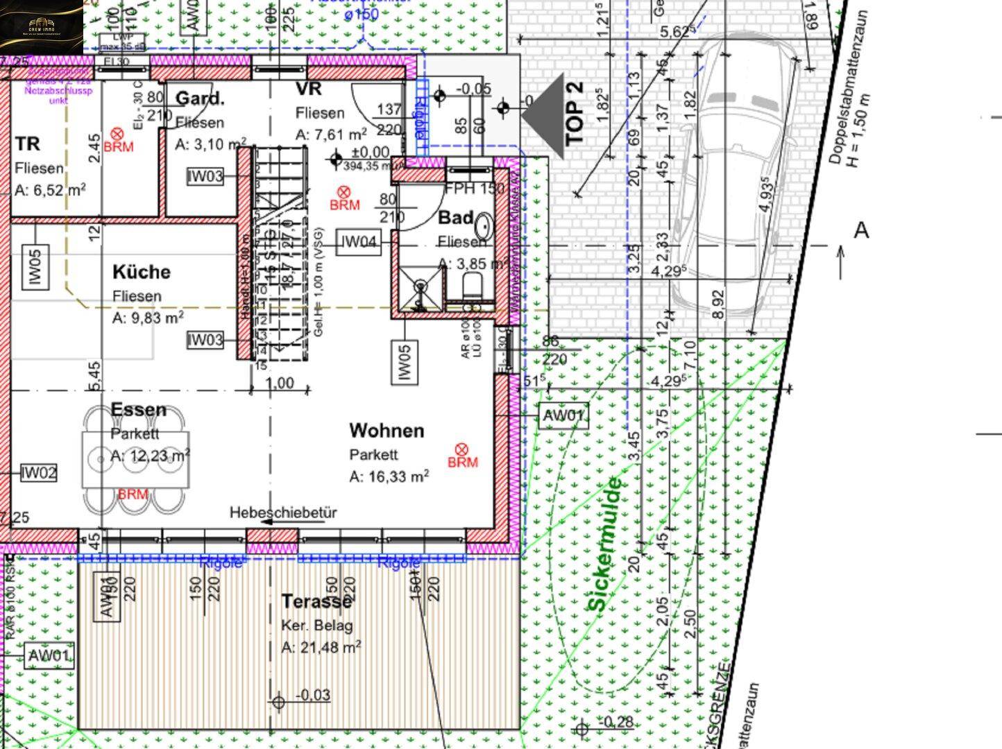 Grundriss des Erdgeschosses mit offener Küche, Ess- und Wohnbereich sowie Terrasse und Garten.