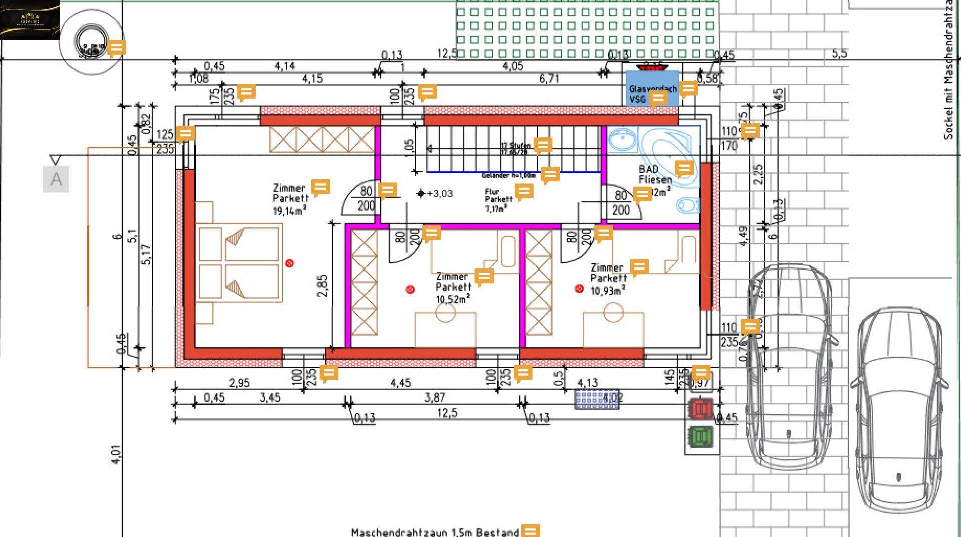 Grundriss des Obergeschosses mit drei Schlafzimmern und einem Badezimmer.