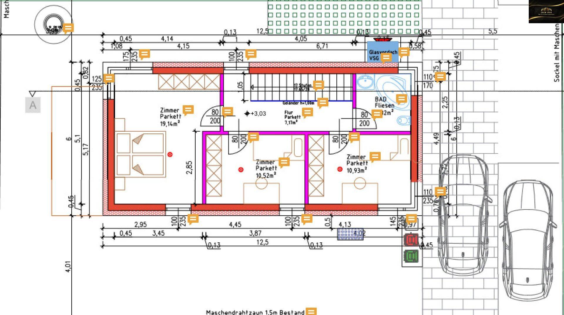 Grundriss des Obergeschosses mit drei Schlafzimmern und einem Badezimmer.