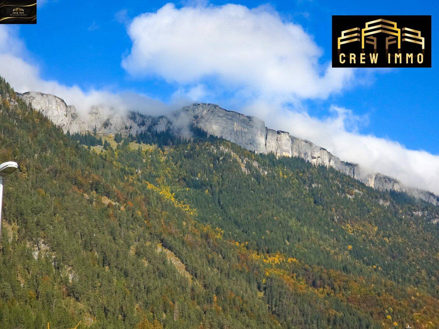 Majestätische Berglandschaft mit bewaldeten Hängen und felsigen Gipfeln unter blauem Himmel.