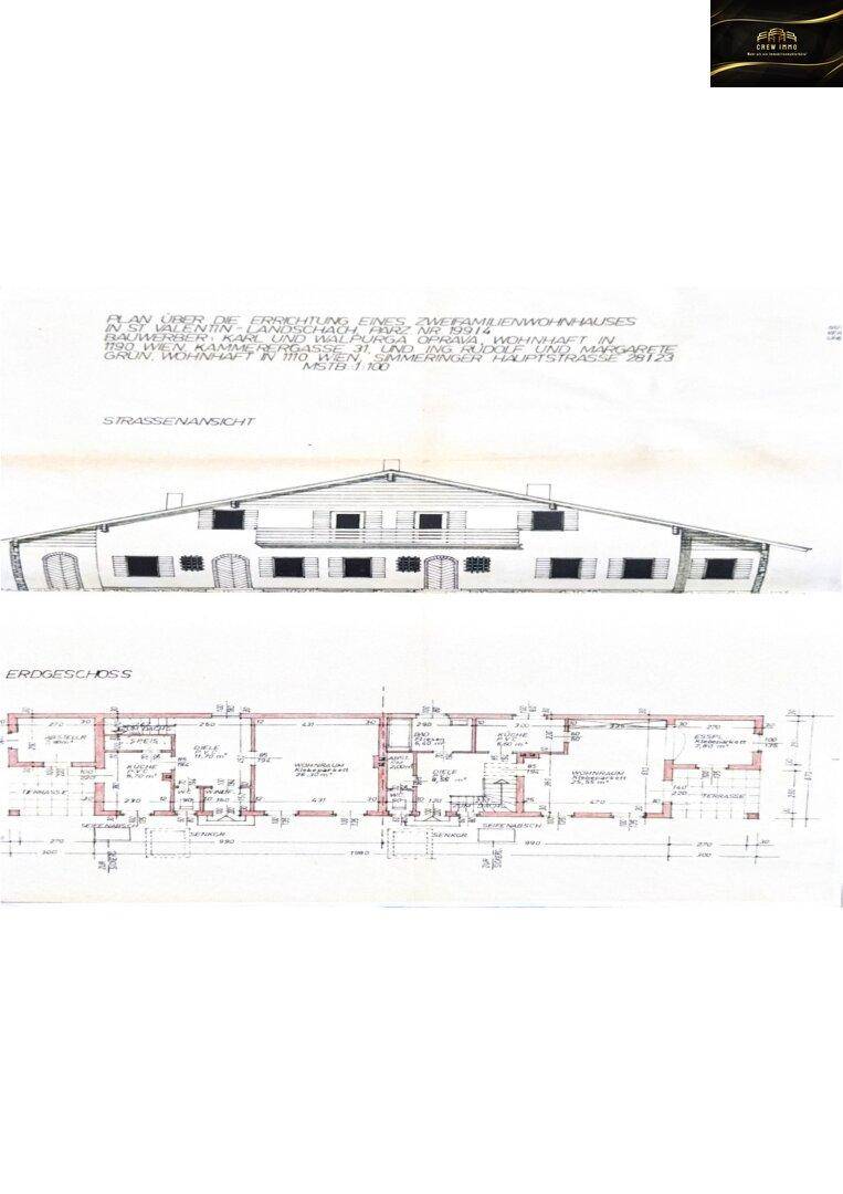 Grundriss und Straßenansicht eines Zweifamilienhauses mit detaillierter Raumaufteilung.