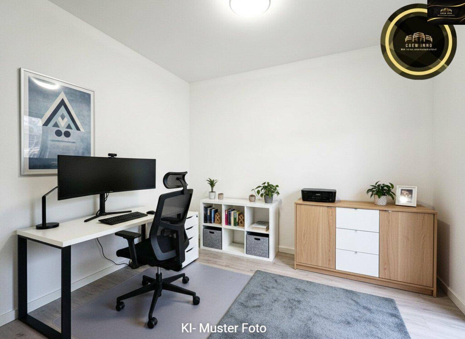 Helles Büro mit modernem Schreibtisch, Holzfußboden und minimalistischer Einrichtung.