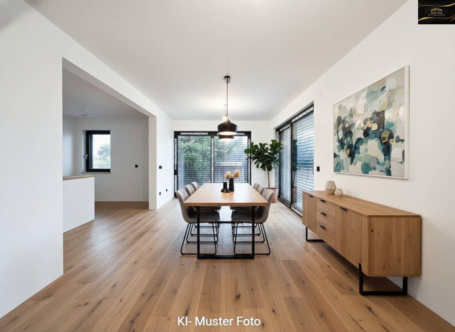 Heller Essbereich mit Holztisch, modernen Stühlen und Zugang zum Außenbereich.