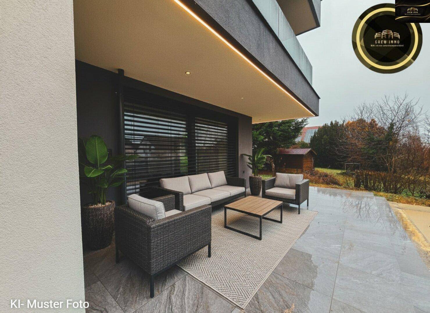 Stilvoll möblierte Terrasse mit modernen Outdoor-Sitzmöbeln und Blick ins Grüne.