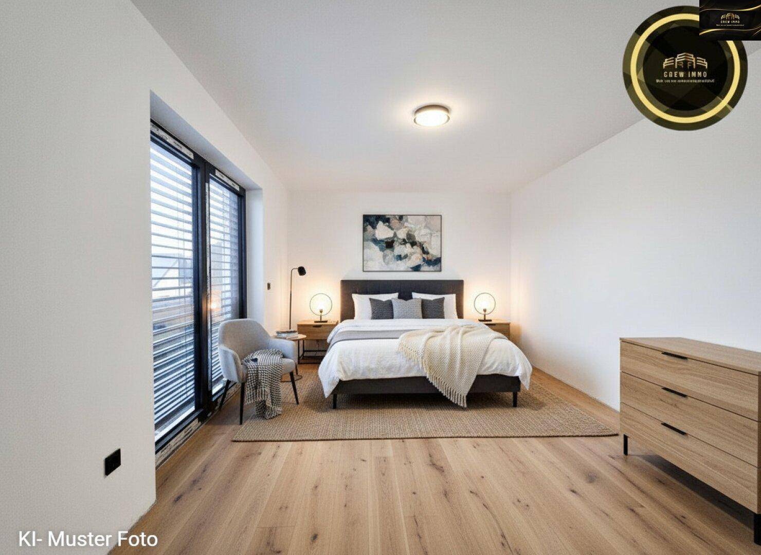 Grundriss des Obergeschosses mit Schlafzimmern, Bad, Ankleide und Balkon.