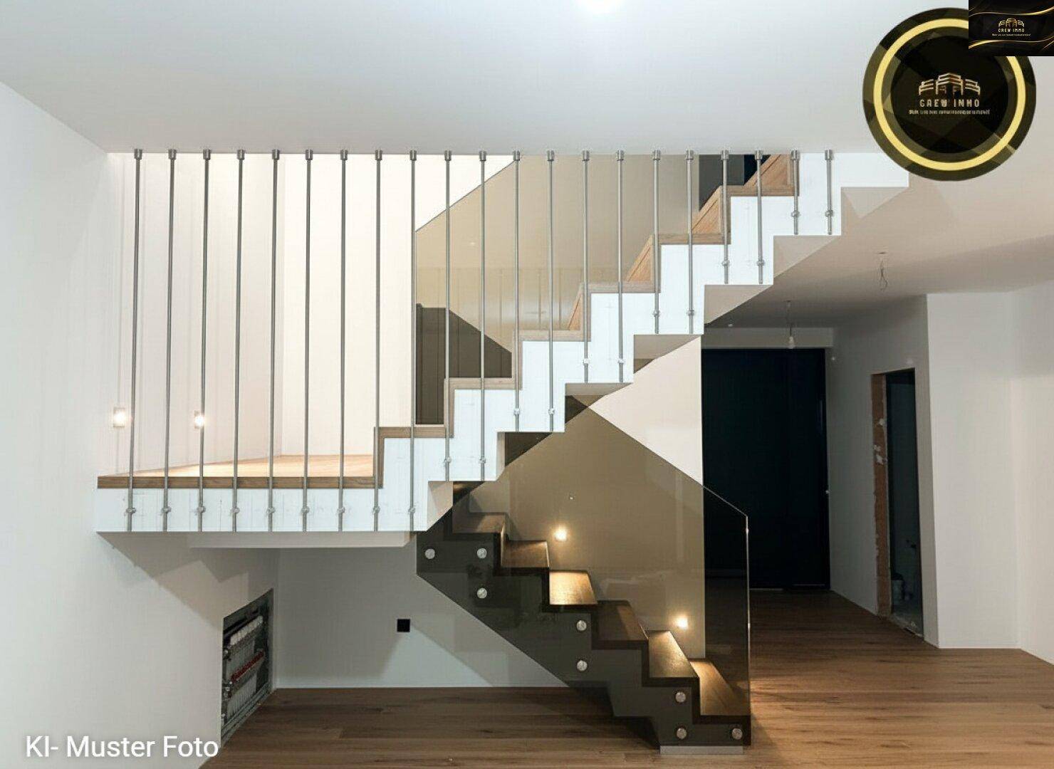Elegante Treppe mit Holzstufen und modernem Glasgeländer, beleuchtet.