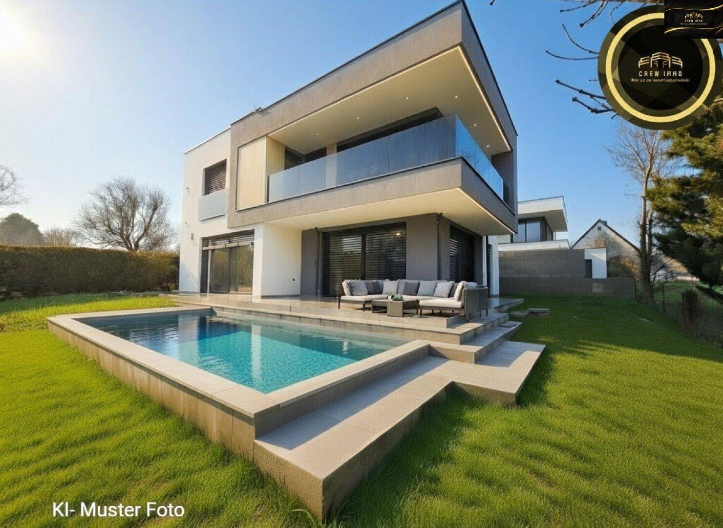 Moderne Villa mit gefülltem Pool, möblierter Terrasse und sonniger Gartenlandschaft.