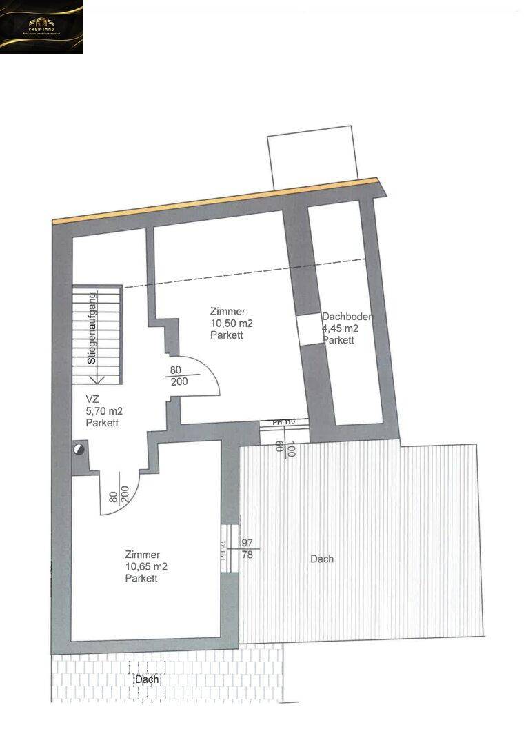 Grundriss des Obergeschosses mit Schlafzimmern, Dachboden und Zugang zur Treppe.