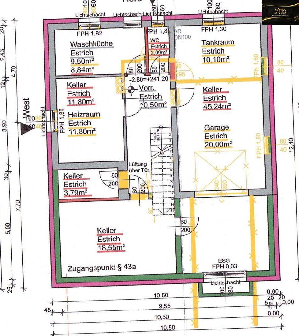 Grundriss des Kellergeschosses mit Waschküche, Heizraum, Kellerräumen und Garage.