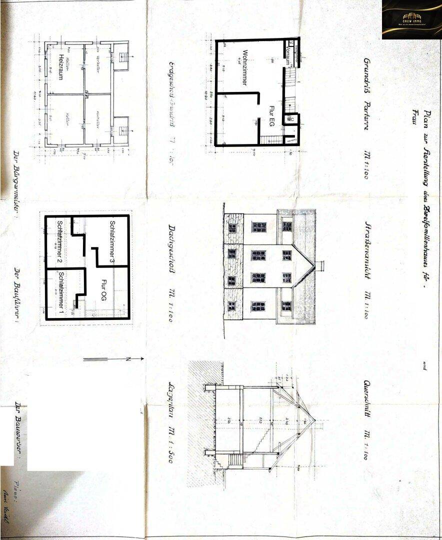 Historischer Plan eines Einfamilienhauses mit verschiedenen Grundrissen und Ansichten.