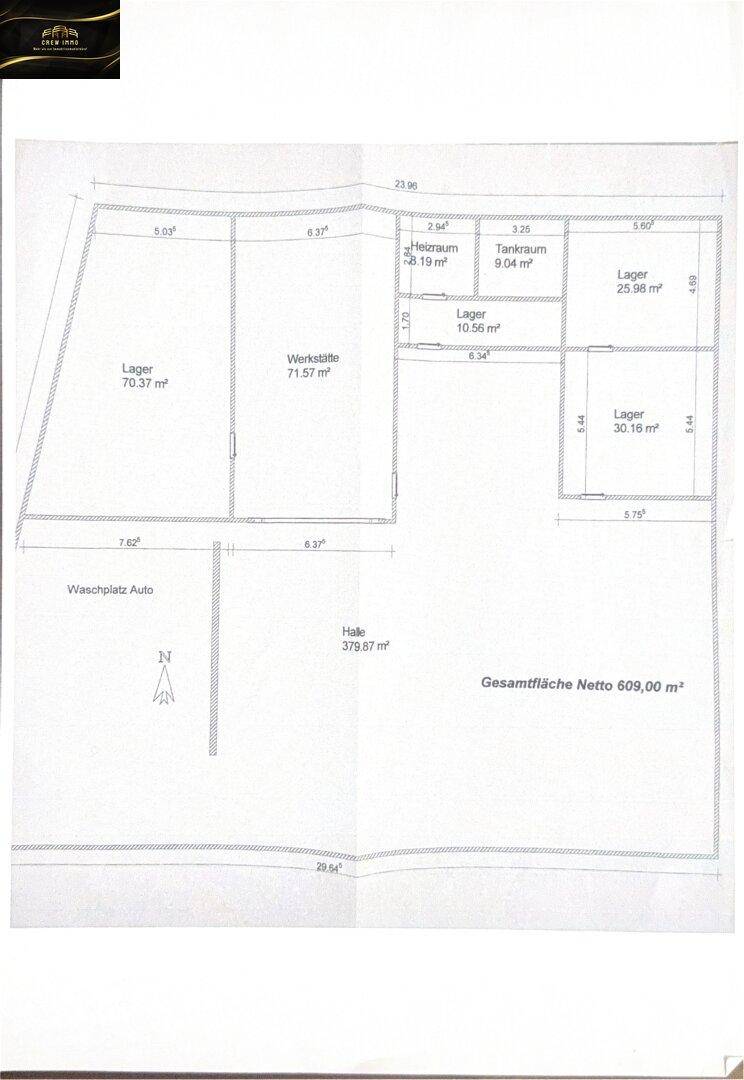 Grundriss mit verschiedenen Lagerbereichen, Werkstatt und Gesamtflächenangaben.