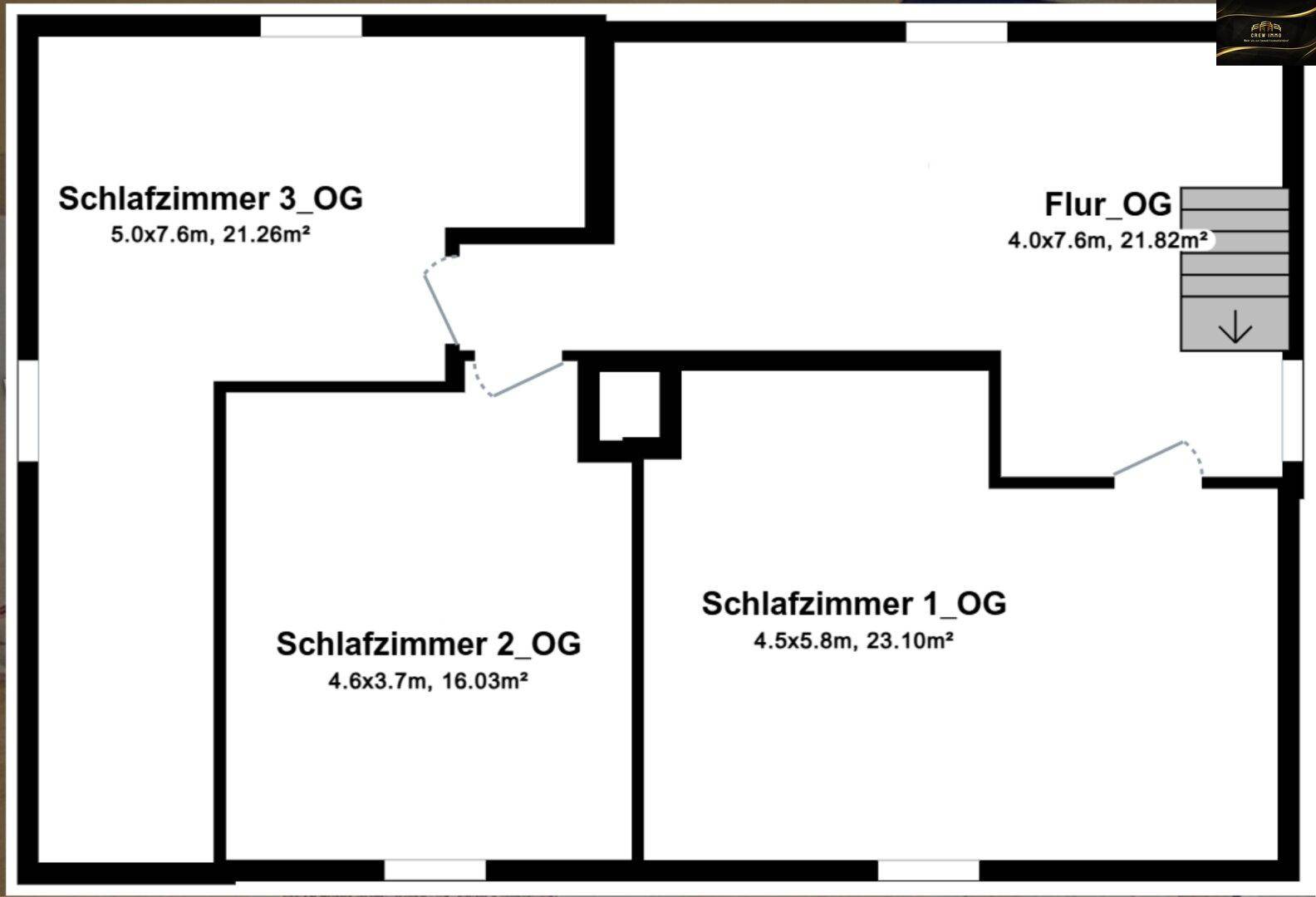 Grundriss des Obergeschosses mit drei Schlafzimmern und Flur.