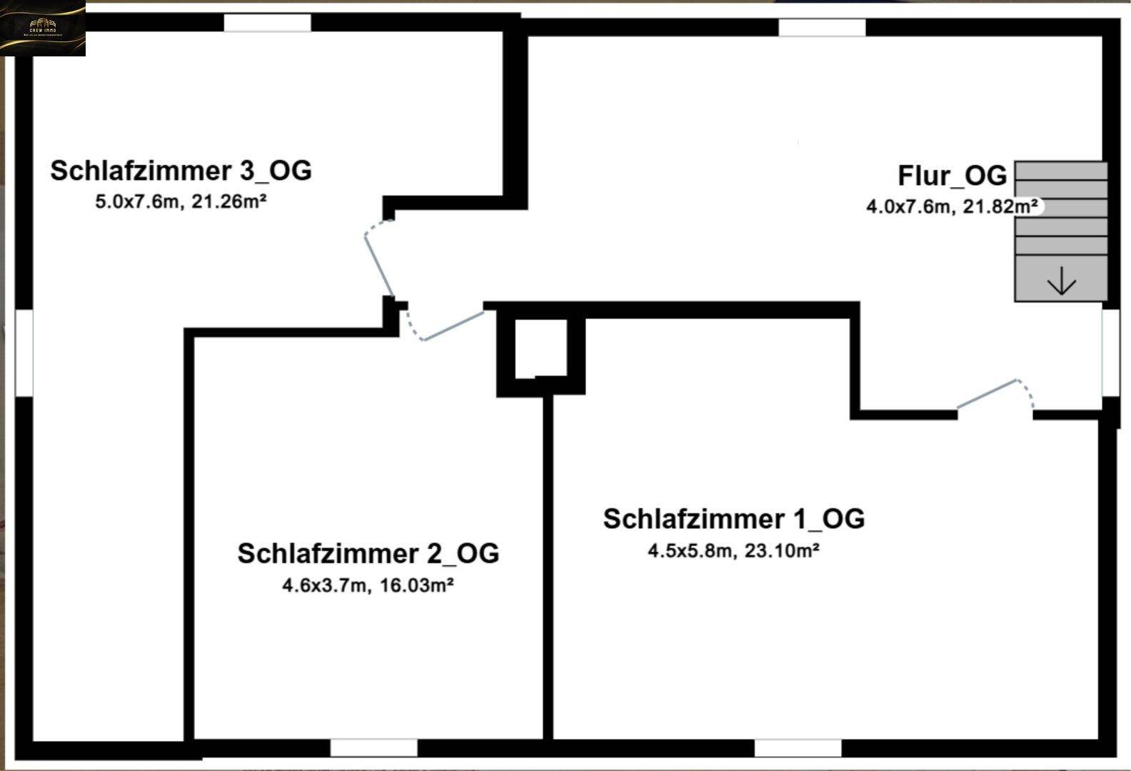 Grundriss des Obergeschosses mit drei Schlafzimmern und Flur.