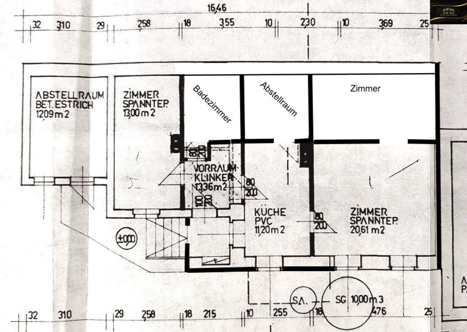 Grundrissplan mit der Aufteilung in Küche, Badezimmer, Zimmer und Abstellräume.