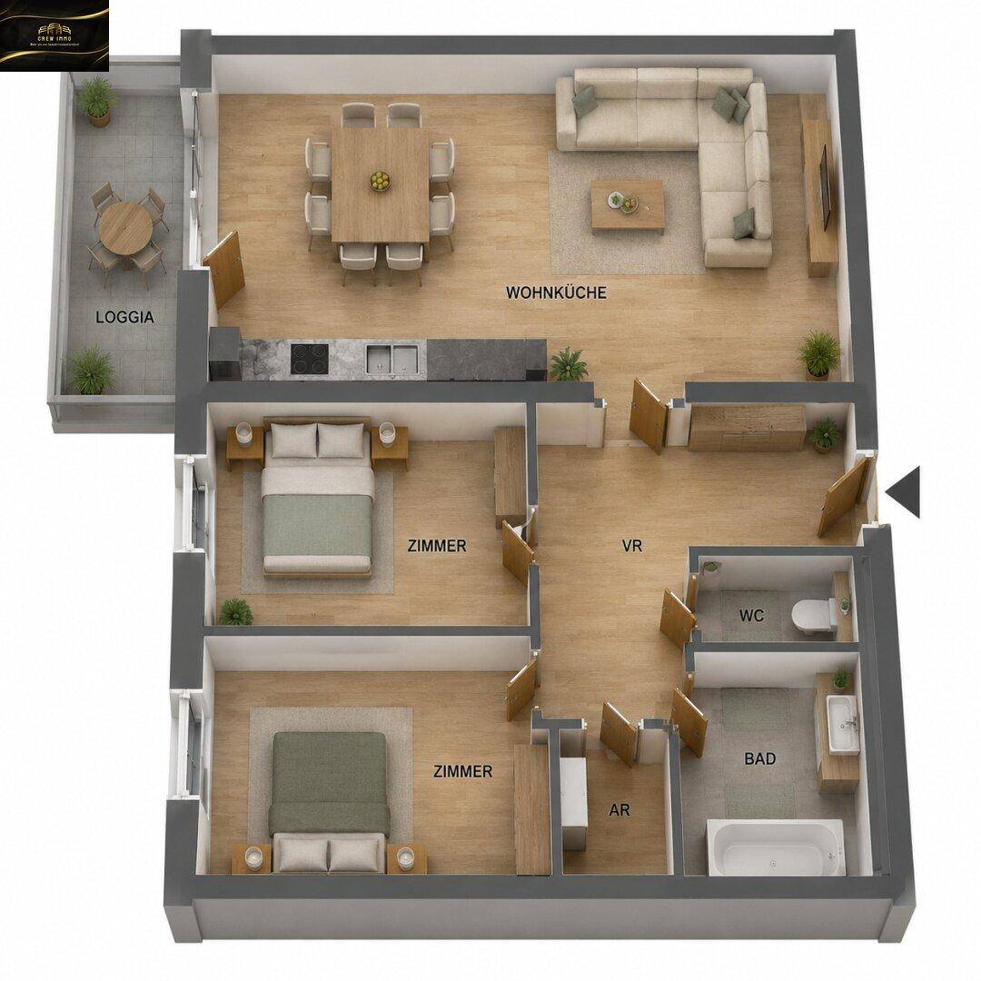 Detaillierter Grundriss der Wohnung mit offener Wohnküche, zwei Zimmern und Loggia.