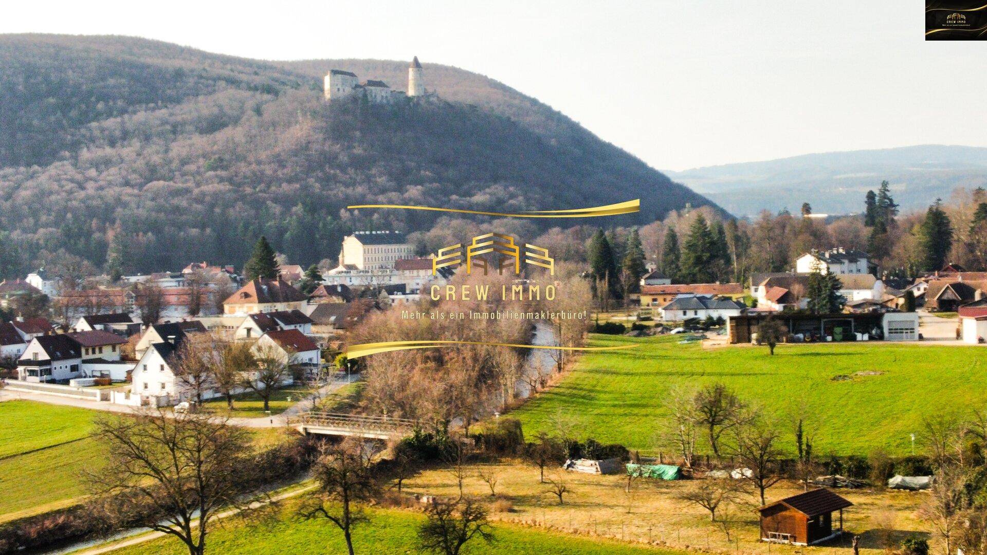 Malerische Landschaft mit einem Dorf im Tal und einer historischen Burg auf dem bewaldeten Hügel.
