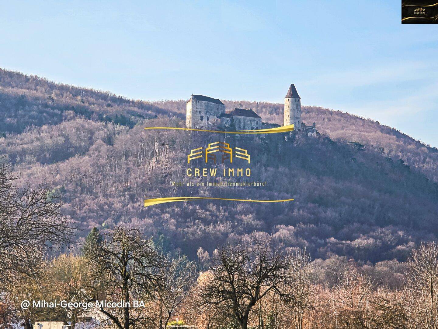Historische Burgruine auf einem bewaldeten Hügel unter blauem Himmel, ein Wahrzeichen der Region.