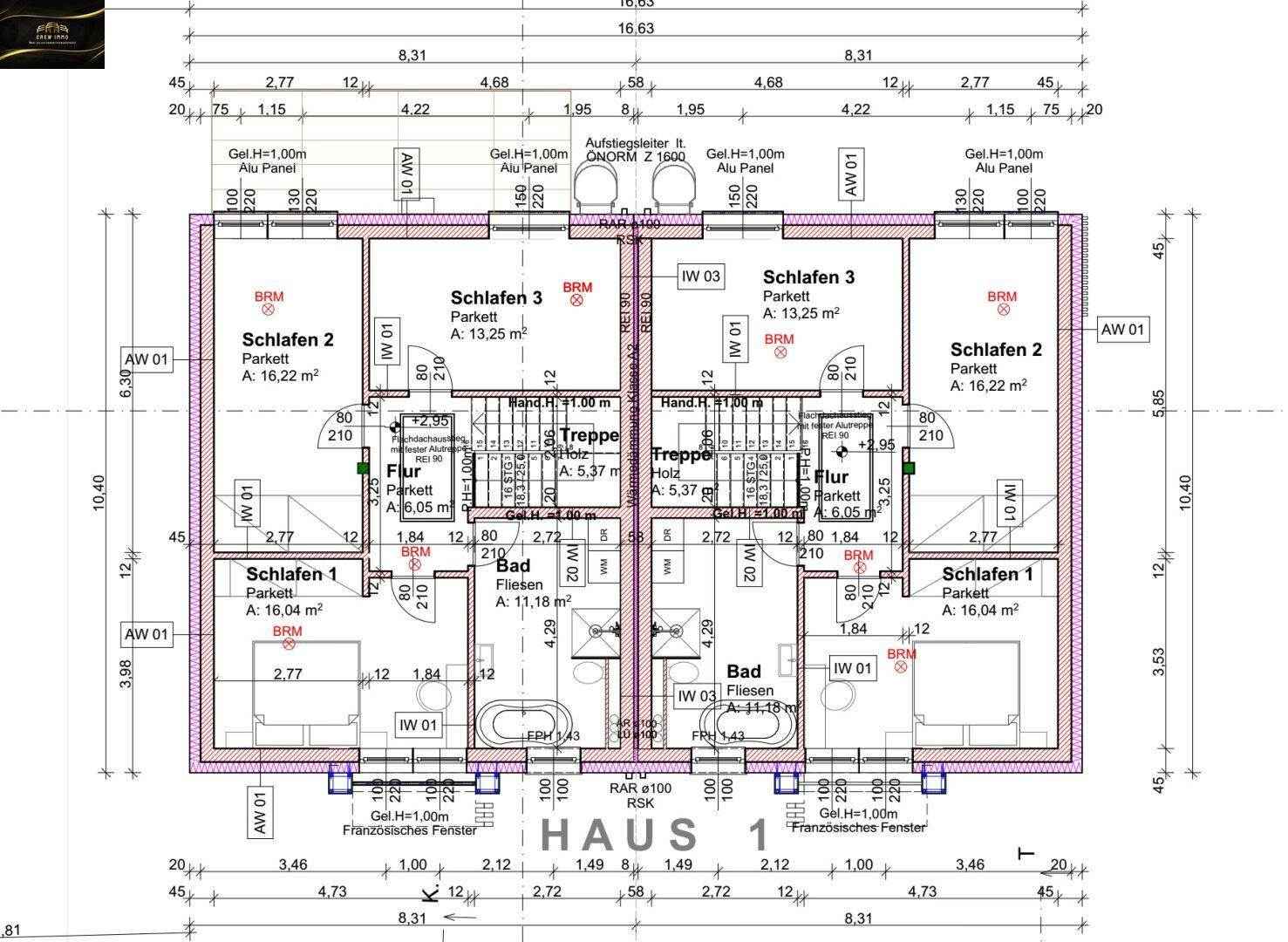 Grundriss des Obergeschosses mit drei Schlafzimmern, Bad und Flur.