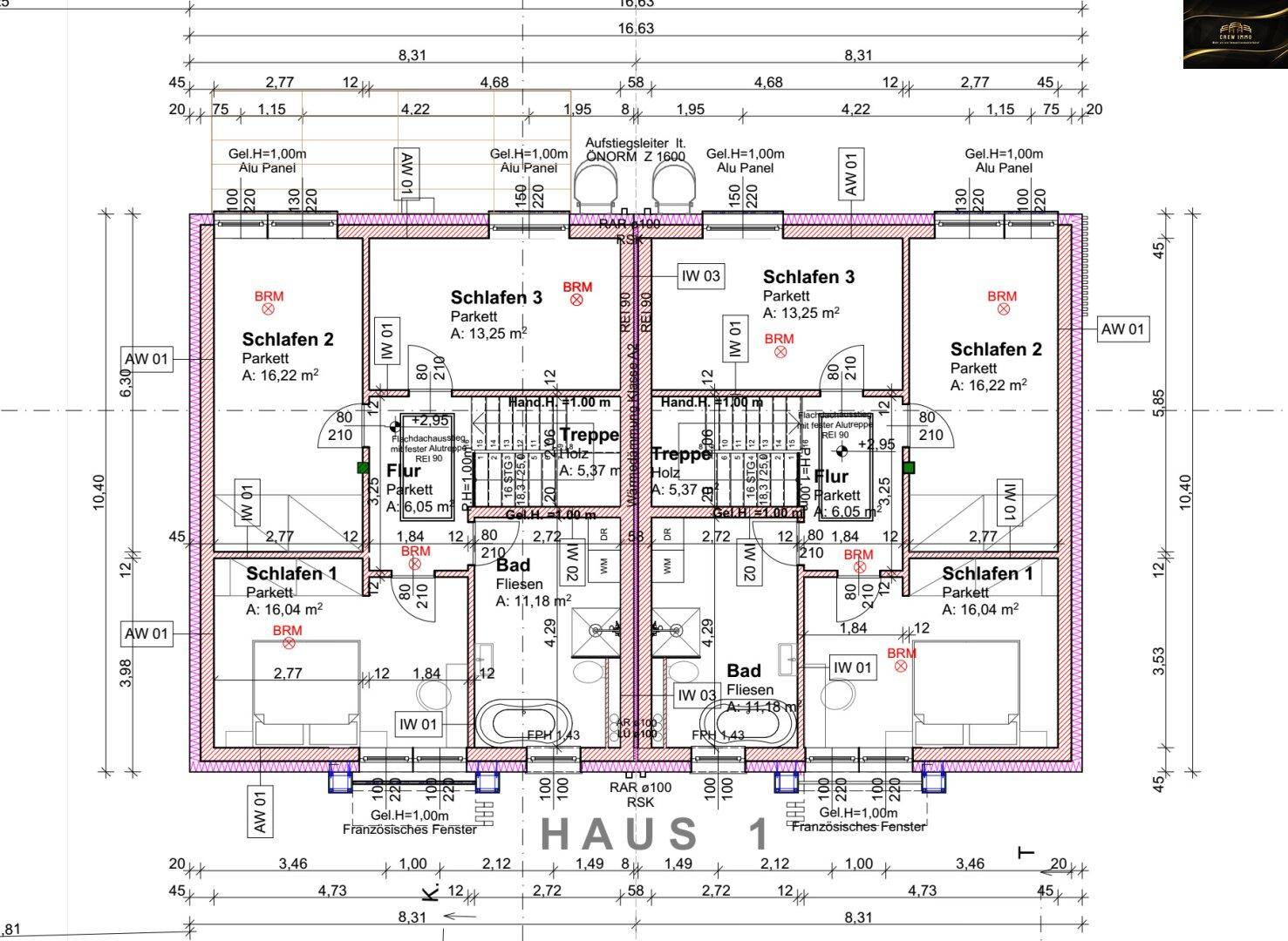 Grundriss des Obergeschosses mit drei Schlafzimmern, Badezimmer und Flur.