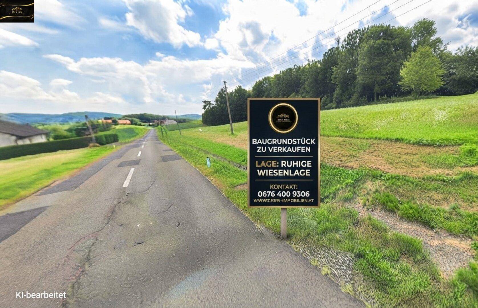 Verkaufsschild für ein Baugrundstück an einer Straße, mit Blick auf eine ruhige Wiesenlandschaft.