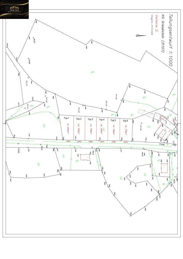 Katasterplan mit Grundstücksgrenzen und Parzellierung der Bauflächen in einem Entwicklungsgebiet.