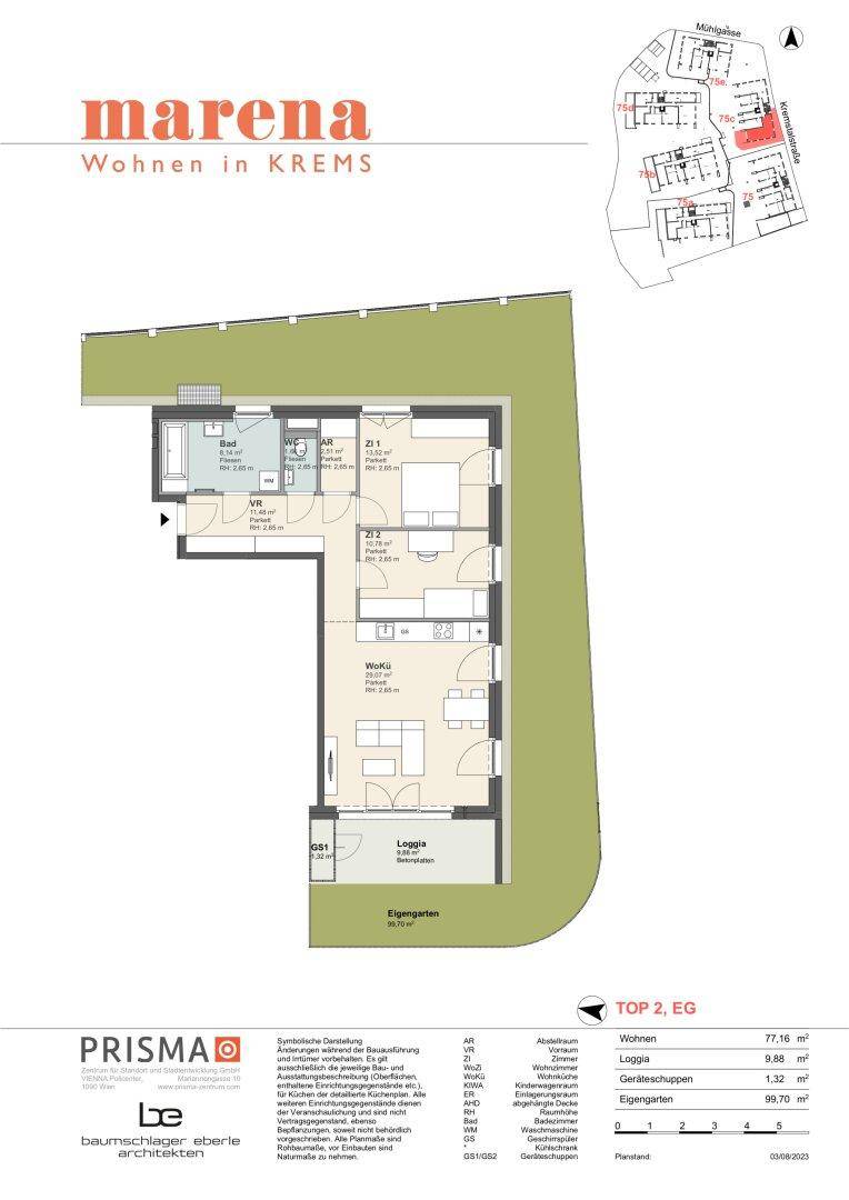 Grundriss der Wohnung Top 2 im Erdgeschoss mit Loggia und Eigengarten.