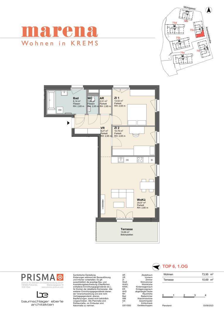Grundriss der Wohnung TOP 6 im ersten Obergeschoss mit Terrasse und drei Zimmern.