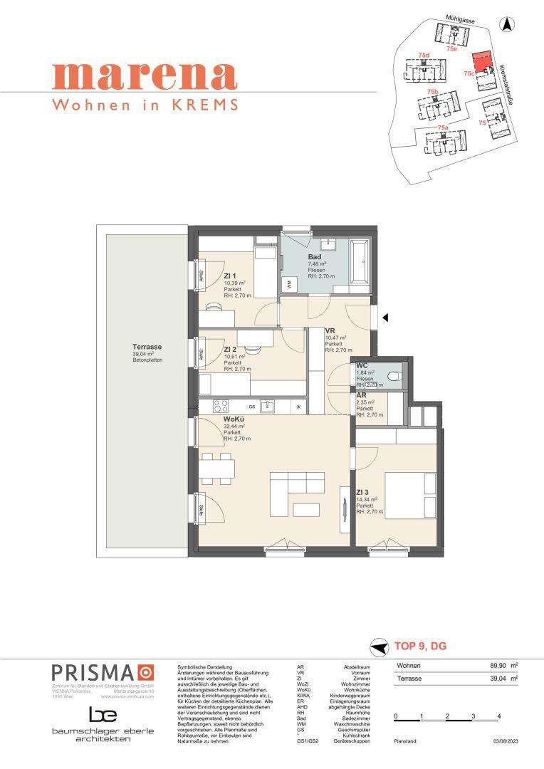 Grundriss der Wohnung Top 9 im Dachgeschoss mit Terrasse, Bad und WC.
