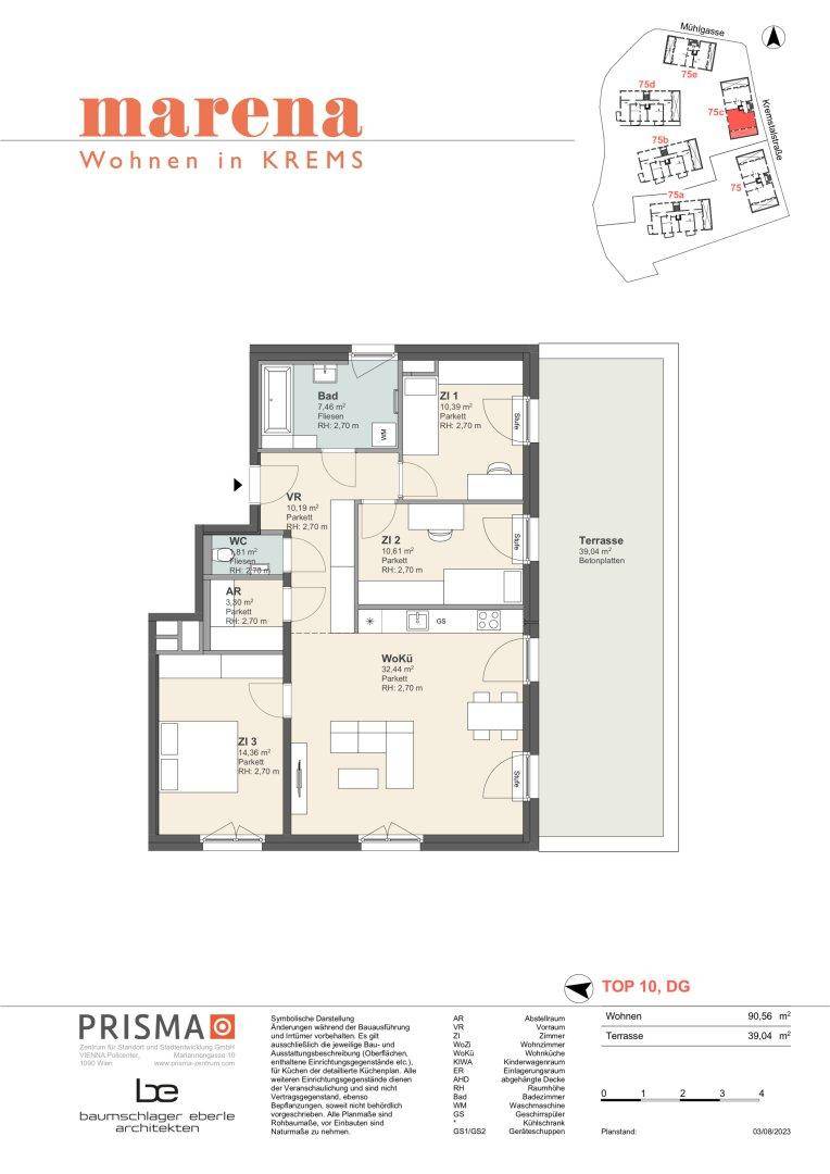 Detaillierter Grundriss einer Wohnung mit drei Zimmern, Bad, WC und großer Terrasse.