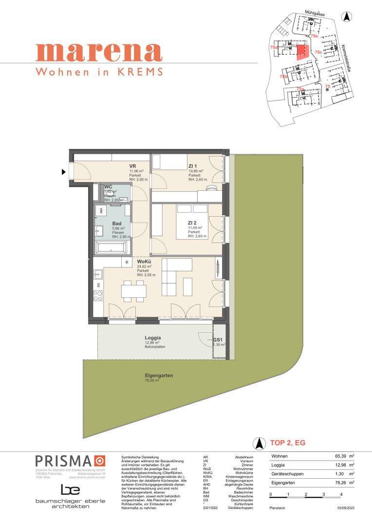 Grundriss der Wohnung Top 2 im Erdgeschoss mit Loggia und Eigengarten.