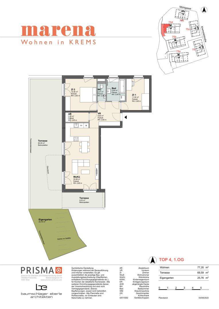 Grundriss einer Wohnung mit Terrasse, Garten und offenem Wohn-Essbereich.